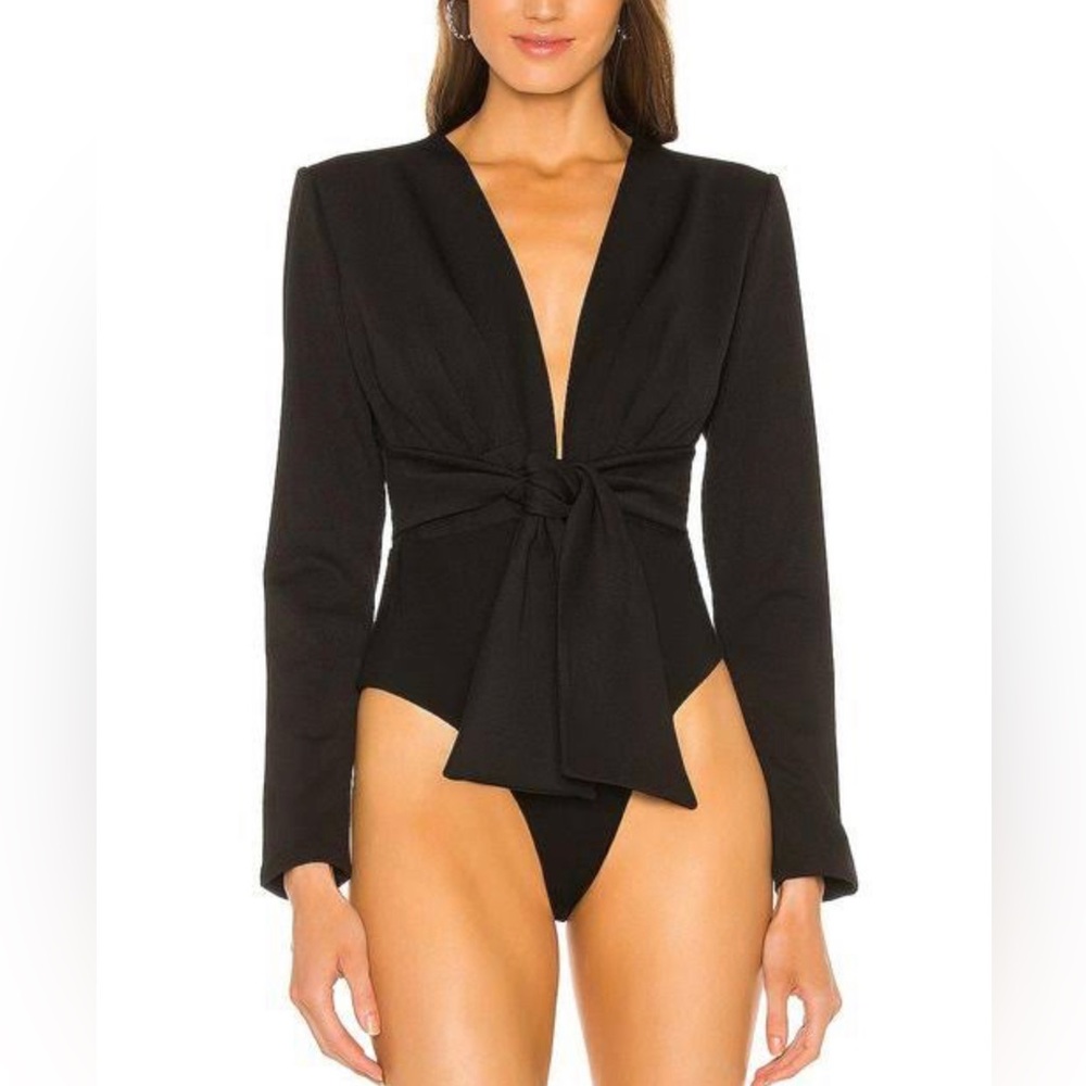 [ BARDOT ] Anya Long Sleeve Plunge Bodysuit w/Waist Tie : Black : US 4 : NWT!
